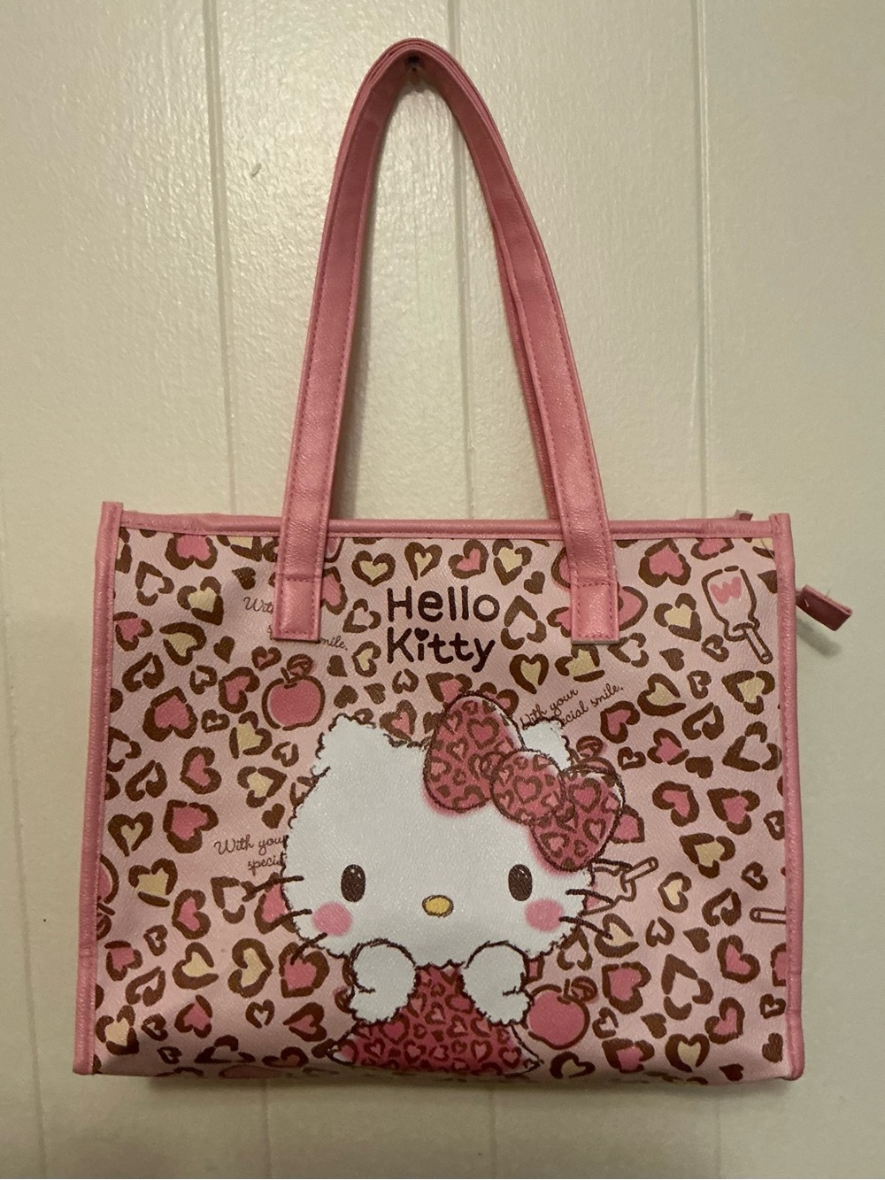 Rare Large Sanrio Hello Kitty Pink Leopard Vegan Faux Leather Tote Bag